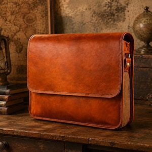 May include: A rectangular messenger bag crafted from smooth, tan-coloured leather. The bag features a large front flap that covers the main compartment, with visible stitching along the edges and a metal D-ring attachment on the side for a strap.