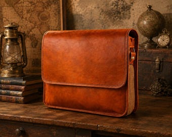 Personalisierte, handgefertigte 15-Zoll-Laptoptasche aus Ziegenleder: Vintage-Umhängetasche