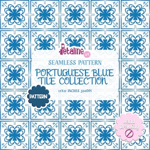 Pode incluir: Um padrão sem costuras com um design repetitivo de azulejos florais em azul e branco. O texto diz: Petaline Art, SEAMLESS PATTERN, PORTUGUESE BLUE TILE COLLECTION, 12X12 INCHES 300DPI, PATTERN e Hand Drawing. Motivos azuis simétricos.