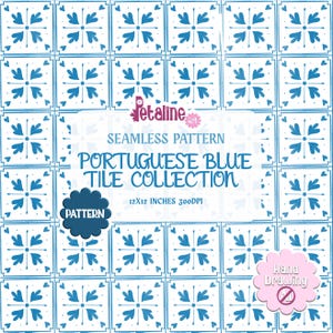 Pode incluir: Um padrão sem costuras de azulejos azuis e brancos com um motivo floral central. O texto diz: Petaline Art, SEAMLESS PATTERN, PORTUGUESE BLUE TILE COLLECTION, 12x12 INCHES 300DPI, PATTERN e Hand Drawing com um símbolo de proibição.
