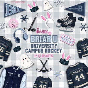 Könnte beinhalten: Eine digitale Sammlung von 17 Eishockey-Cliparts mit Briar U Universitäts-Trikots, Schlittschuhen, Eishockeyschlägern, Pucks, Schneeflocken, Geister-Illustrationen, Hasenohren, Kopfhörern und einem Ticket-Grafikdesign auf grauem Karohintergrund.