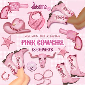 Pode incluir: Uma coleção digital de 18 elementos de clipart com tema western rosa, incluindo botas de cowboy, um chapéu, revólveres, uma bandana, uma estrela de xerife, um crânio de touro e uma ferradura. O texto diz Petaline Art, Western Clipart Collection, Pink Cowgirl, 18 Clipart e Hand Drawing.