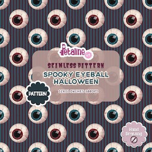 Pode incluir: Um padrão digital sem costuras com globos oculares realistas com íris azuis e vermelhas sobre um fundo de riscas verticais bordeaux escuro e azul-petróleo. O texto diz Petaline Art, SEAMLESS PATTERN, SPOOKY EYEBALL HALLOWEEN, 12X12 INCHES 300DPI.