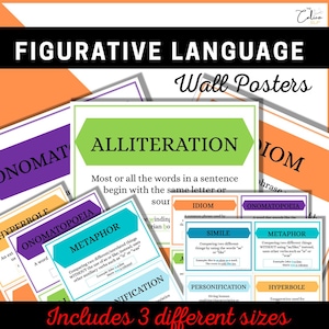 May include: A collection of educational wall posters featuring figurative language concepts such as alliteration, metaphor, simile, onomatopoeia, personification, and hyperbole. The posters use colorful borders and clear text to define each term.