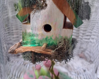 Dangling Wooden Fairy House in Glass Jar Non-Living Terrarium