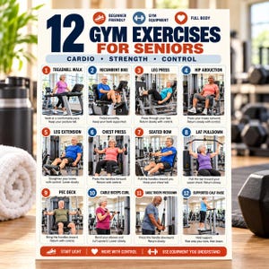 May include: A white informational poster titled 12 Gym Exercises for Seniors featuring twelve numbered panels with photographs of individuals performing various fitness movements, including treadmill walking, cycling, and weight machine exercises.
