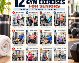 12 Gym Exercises for Seniors Printable, Beginner Full Body Gym Workout Chart PDF