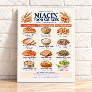 May include: A white educational poster titled Niacin Food Sources, listing Vitamin B3 content in poultry, fish, grains, staples, nuts, seeds, and legumes. It features illustrations of chicken, turkey, salmon, tuna, rice, bread, potato, peanuts, and seeds.