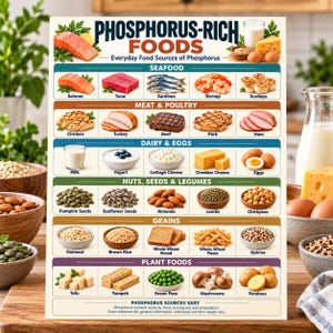 May include: A nutritional chart titled Phosphorus-Rich Foods, Everyday Food Sources of Phosphorus. It categorizes items into seafood, meat and poultry, dairy and eggs, nuts, seeds and legumes, grains, and plant foods with labeled illustrations.