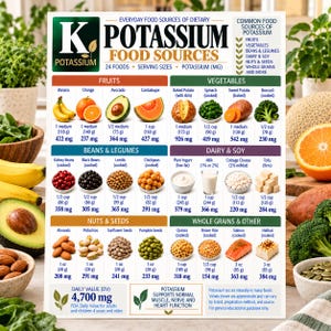 May include: A rectangular educational chart titled Potassium Food Sources, featuring a grid of 24 food items categorized by fruits, vegetables, beans, legumes, dairy, soy, nuts, seeds, and grains, with serving sizes and potassium content in mg.