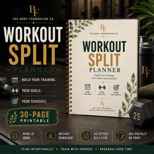 May include: A spiral-bound workout split planner with a cream cover featuring green leaf illustrations, gold and green text, and the title "WORKOUT SPLIT PLANNER." The cover includes icons for planning, building, and training, with "US LETTER 8.5 x 11 IN" text.