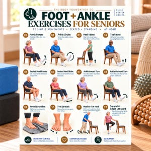 Può includere: Un poster didattico bianco intitolato Foot + Ankle Exercises for Seniors, che presenta 12 illustrazioni numerate di persone che eseguono movimenti da seduti e in piedi. Il grafico include descrizioni testuali per ogni esercizio e consigli.