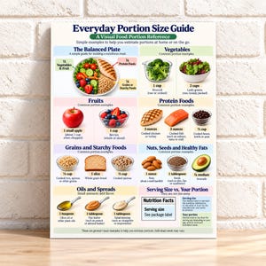 May include: An Everyday Portion Size Guide poster featuring a visual food reference chart. It displays categorized sections for vegetables, fruits, protein, grains, nuts, and oils with specific food examples and portion measurements in cups, ounces, and teaspoons.