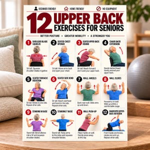 May include: A white instructional poster titled 12 Upper Back Exercises for Seniors featuring twelve numbered illustrations of exercises with red text and arrows. The chart includes instructions for shoulder blade squeezes, chest openers, and wall slides.