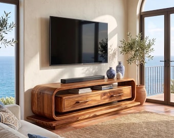 Mueble de TV curvo de estilo costero hecho a mano, consola multimedia de madera maciza de caoba, centro de entretenimiento moderno de estilo escandinavo.