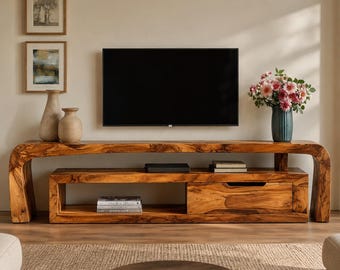 Mahogany Curved TV Console, Coastal Modern Media Cabinet, Living Room Storage Stand