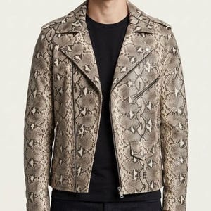 Men’s Snakeskin Print Real Leather Biker Jacket | Genuine Cowhide Python Pattern Motorcycle Jacket | Handmade Gothic Streetwear Outerwear