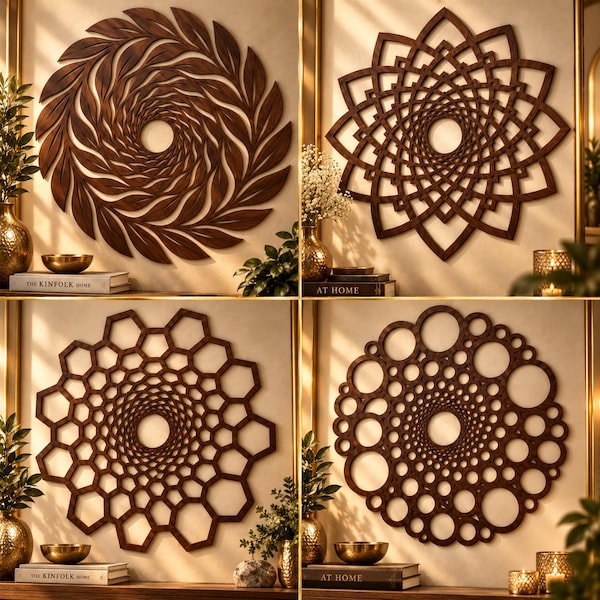 4 Geometric Mandala Wall Art SVG Bundle, Spiral Circle CNC DXF Files (Digital Download)