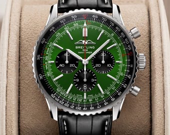 Vintage Breitling Navitimer Chronograph Herrenuhr mit grünem Zifferblatt, 43 mm, Fliegeruhr