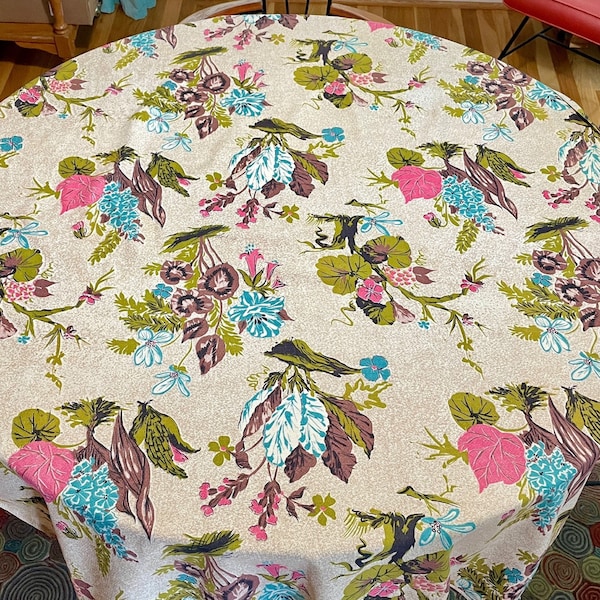 1940s/1950s bark cloth tablecloth floral bontanical rectangular 47” x 61”