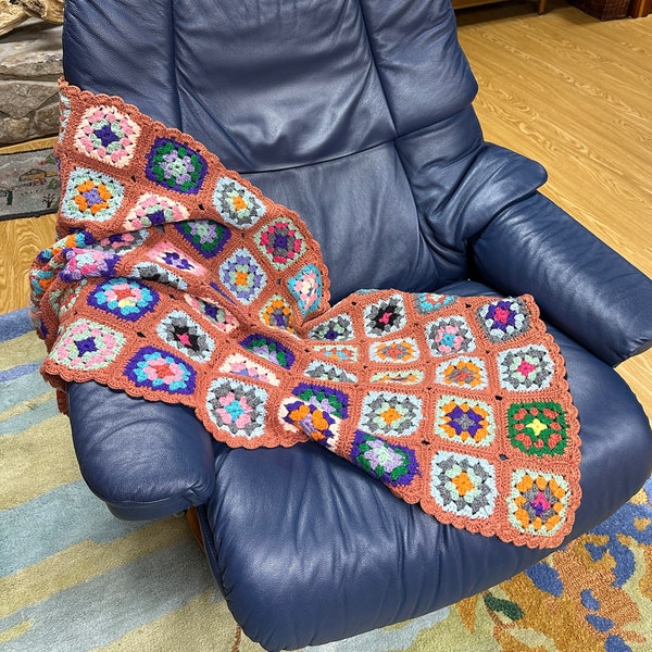 1960s wool granny squares crocheted afghan lap blanket 29" x 49"