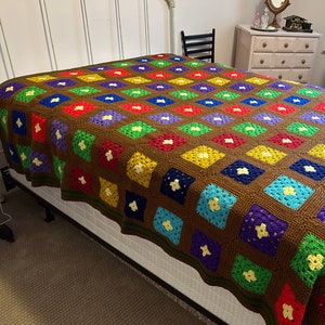 Large crocheted granny square blanket multicolored Size 106&quot; x 90&quot;