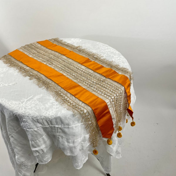 Victorian 1800s table runner bureau scarf orange silk with hairpin lace and Pom poms.