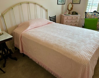 1950s pink popcorn chenille bedspread by Morgan Jones full size