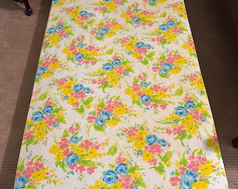 Vintage twin flat sheet in a floral pattern blue pink yellow