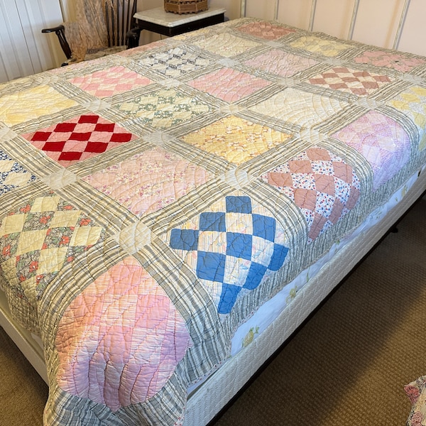 1930s 40s quilt handmade scrappy cottage core 85" x 74"
