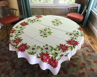 Midcentury Christmas holiday tablecloth poinsettias red green 66 x 53