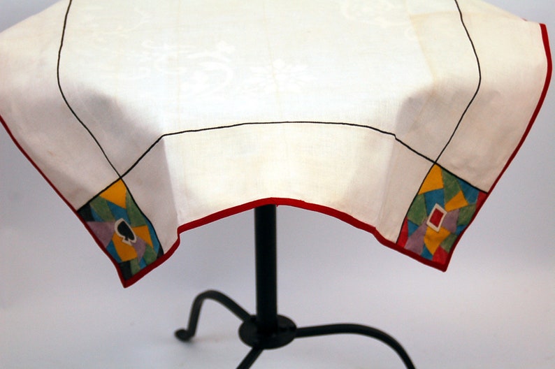 1950s bridge tabel cloth square game table cloth card table linen painted cloth