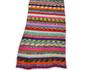 1970s crocheted afghan long rectangle striped multicolored 59” x 102”