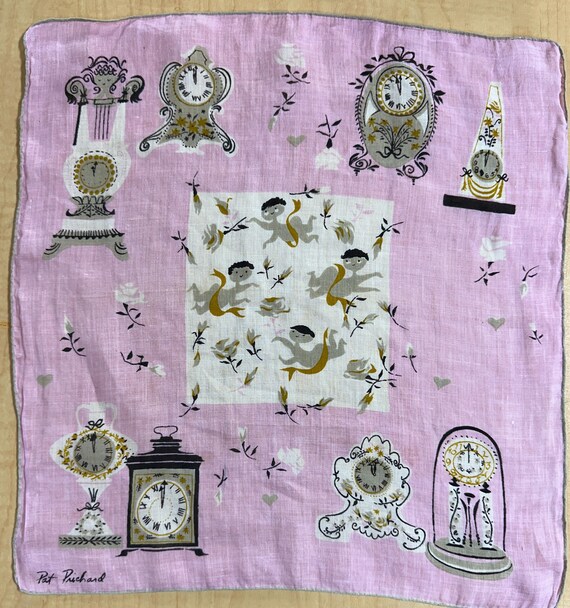 Vintage handkerchief by Pat Pritchard clocks cherubs
