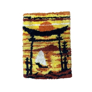 1970s latch hook wall hanging rug Asian sunset pagoda theme