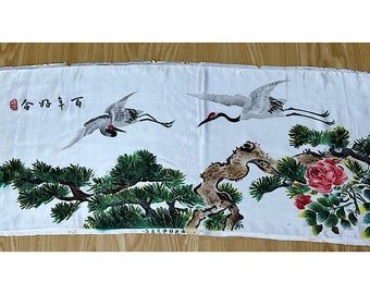 Vintage Chinese silk wall hanging featuring two cranes and pine trees 38" x 15"