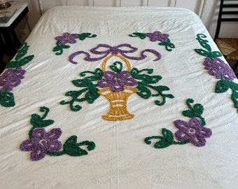 1950s chenille coverlet purple gold basket and flowers Handmade