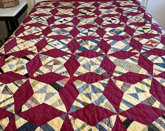 Antique quilt with four point stars pinwheels hand pieced and quilted String Quilt Size 69" x 78"