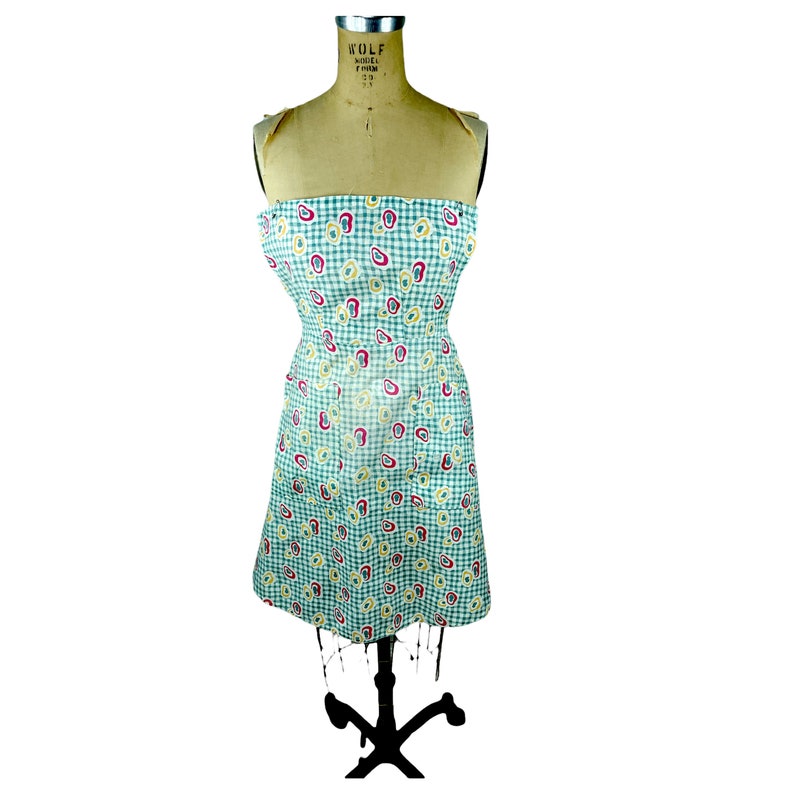 1940s full pinned bib apron gingham and circle print deep pockets image 2