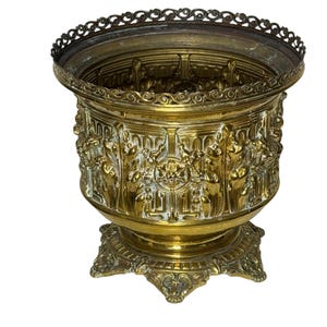 1800s French brass cachepot planter with repousse' work 10" diameter