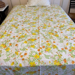 1960s 70s wildflower print flat sheet yellow orange green Percale