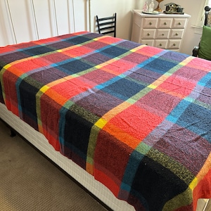 1950s plaid blanket with satin binding 82&quot; x 87&quot;