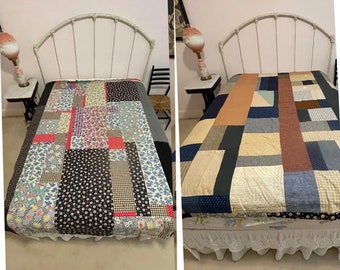 1930s strip quilt summer winter double sided feed sack improvisational quilt Size 62” x 77”