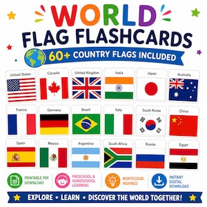 Może przedstawiać: Zestaw kart edukacyjnych zatytułowany WORLD FLAG FLASHCARDS 60+ COUNTRY FLAGS INCLUDED. Projekt zawiera ikonę globu oraz siatkę osiemnastu flag narodowych, w tym Polski, Kanady i Japonii. Tekst zawiera EXPLORE LEARN DISCOVER THE WORLD TOGETHER, PRINTABLE PDF DOWNLOAD, PRESCHOOL & HOMESCHOOL LEARNING, MONTESSORI INSPIRED oraz INSTANT DIGITAL DOWNLOAD.