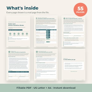 May include: A digital Foster Care School-Transition Binder document set featuring 55 pages of printable forms. The layout includes text-heavy pages with headings like Documents to request, New or suspected disability, and Credits, transcripts and graduation.