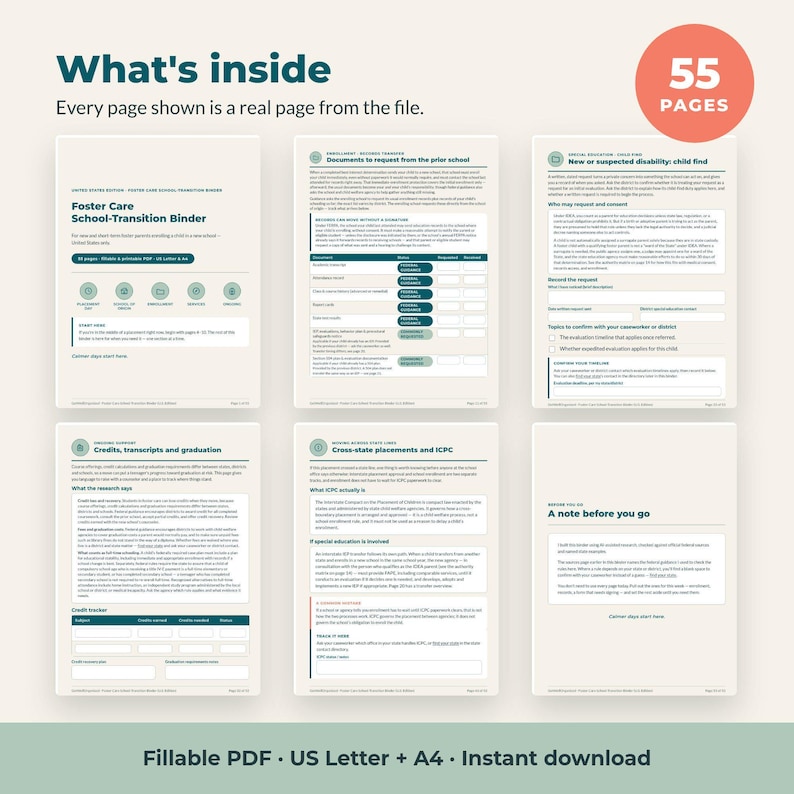May include: A digital Foster Care School-Transition Binder document set featuring 55 pages of printable forms. The layout includes text-heavy pages with headings like Documents to request, New or suspected disability, and Credits, transcripts and graduation.