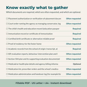 May include: A document checklist titled Know exactly what to gather, listing required, often requested, and optional items for foster care. It includes checkboxes and categories like birth certificates, health records, and school transcripts in a PDF format.
