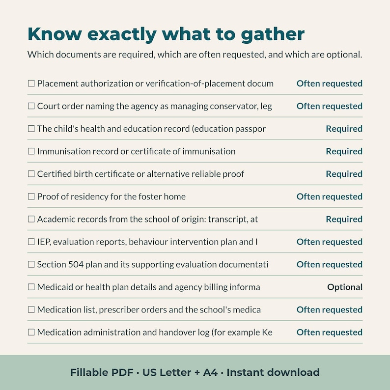 May include: A document checklist titled Know exactly what to gather, listing required, often requested, and optional items for foster care. It includes checkboxes and categories like birth certificates, health records, and school transcripts in a PDF format.