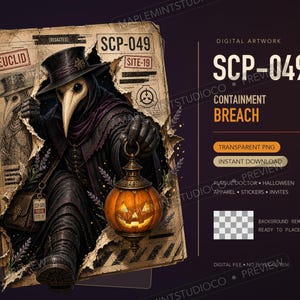 May include: A digital artwork featuring a plague doctor in a top hat and dark robes, emerging from a torn document labeled SCP-049. The figure holds a glowing orange jack-o'-lantern lantern. The background includes text like EUCLID and SITE-19.