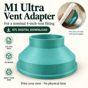 Op de afbeelding: Een turquoise M1 Ultra ventilatieadapter voor een 4-inch aansluiting. Dit is een digitale STL-download voor een 3D-model om zelf te printen. De afbeelding bevat tekstlabels voor STL-bestand, 3D-model en zelf printen, geen fysiek item.